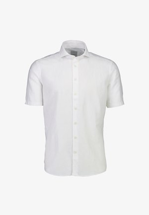 White short-sleeve button-up shirt made of linen. Features a classic collar and five matching buttons along the front. Smooth texture.