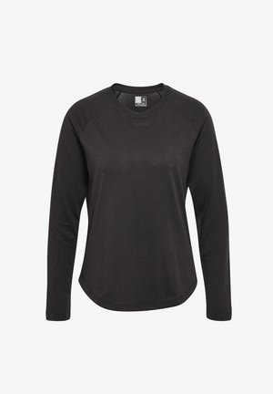Zwarte langemouwen shirt gemaakt van zachte stof, met een ronde halslijn, raglanmouwen en een licht afgeronde zoom. Inclusief een logo-detail.