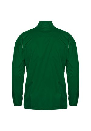 Giacca leggera verde con colletto alto, polsini elastici e piping bianco lungo le spalle. Tessuto liscio e resistente all'acqua.