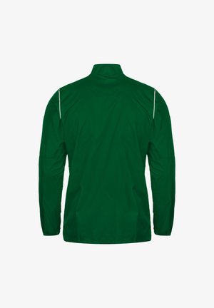 Groene lichtgewicht jas met een staande kraag, elastische manchetten en witte accentpiping langs de schouders. Glad, waterafstotend materiaal.