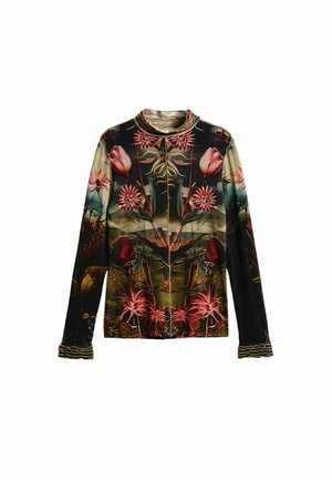 Dlhý rukáv s rolákom na tmavom pozadí s detailným ružovým a červeným kvetinovým vzorom, s pravidelnými stonkami a listami.