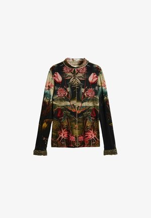 Haut à col roulé à manches longues avec un fond sombre et un motif floral détaillé en rose et rouge, présentant des tiges et des feuilles symétriques.