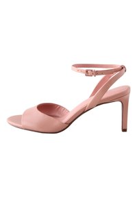 Sandale à talon en cuir rose avec bride autour de la cheville, design à bout ouvert, semelle intérieure légèrement rembourrée et talon fin pour une silhouette élégante.