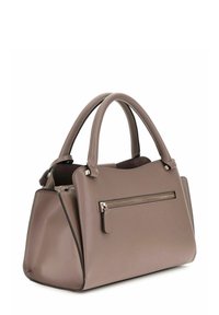 Sac à main en cuir marron avec deux poignées, une forme structurée et une poche zippée à l'avant. Texture lisse et design minimaliste.