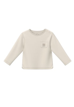 Langarm-Cremeshirt aus weichem Stoff, mit Rundhalsausschnitt, seitlichen Knöpfen und einer kleinen Brusttasche mit grafischem Design.
