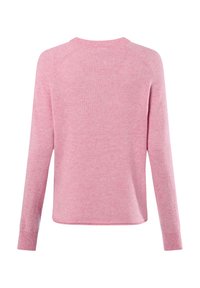 Rosa langärmliger Pullover, weiche Strickstruktur, runder Ausschnitt, Raglanärmel und gerippte Bündchen. Gerader Saum ohne Verzierungen.
