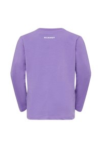 Langärmliges lila Hemd aus Baumwolle mit Rundhalsausschnitt und einem kleinen weißen Logo auf der oberen Rückseite. Glatte Textur, ohne Muster.