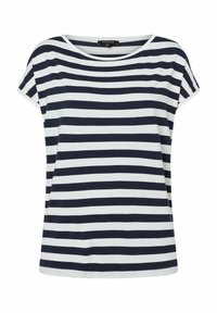 Marineblauwe en witte gestreepte t-shirt, korte mouwen, ronde hals, zachte stof, rechte pasvorm, minimale details, casual ontwerp.
