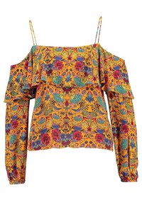 Blouse décolletée en tissu orange vif, ornée de motifs floraux colorés, avec des volants et des manches longues à poignets élastiques.