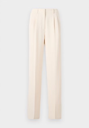 Beige tailored trousers with pleats, featuring a straight cut and smooth texture. The waistband is clean with no visible hardware.
