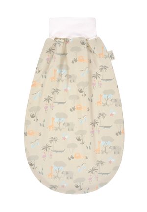 Baby sleep sack with beige safari animal print including giraffes, elephants, lions, flamingos, and palm trees, and white stretchy neck cuff.