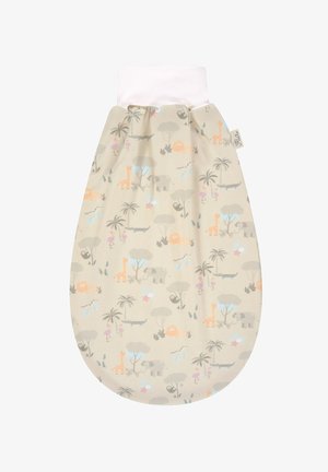 Baby-Schlafsack mit beigem Safari-Tiermuster, darunter Giraffen, Elefanten, Löwen, Flamingos und Palmen, und weißem dehnbarem Halsbündchen.