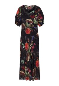 Vestido con estampado floral y mangas cortas abullonadas, confeccionado con tela ligera. Presenta un fondo negro con rosas rojas y hojas verdes.