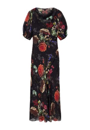 Kevyt kukkakuvioinen mekko, jossa on lyhyet puffhihat. Mekossa on musta tausta sekä punaisia ruusuja ja vihreitä lehtiä.