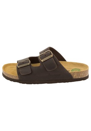 Sandalo a ciabatta in pelle marrone con due fibbie metalliche regolabili, sottopiede in sughero e morbida soletta interna color cuoio con logo a spirale verde.