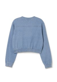 Sudadera recortada de color azul claro con cuello redondo, puños acanalados y dobladillo elástico. Fabricada en una suave mezcla de algodón con una textura sutil.