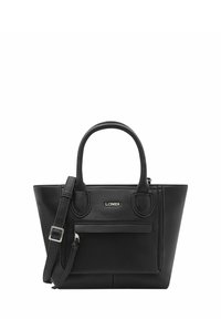 Schwarze Leder-Tote mit strukturiertem Design, doppelten Obergriffen, abnehmbarem Schultergurt und Vorderfach. Mit einem glänzenden Logo-Akzent.