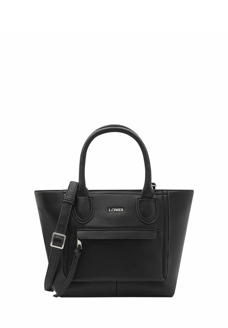 Schwarze Leder-Tote mit strukturiertem Design, doppelten Obergriffen, abnehmbarem Schultergurt und Vorderfach. Mit einem glänzenden Logo-Akzent.