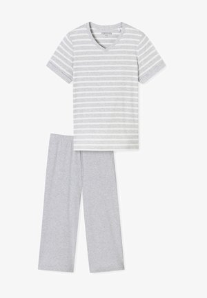 Sivý bavlnený pyžamový set s pruhovaným V-výnkom, krátkym rukávom a jednofarebnými sivými nohavicami s elastickým pásom a voľným strihom.