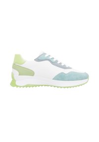 Sneaker bianco con accenti in suede blu chiaro e verde, tomaia in tessuto e design stratificato con suola testurizzata per maggiore aderenza.
