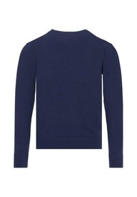 Maglione lavorato a maglia blu navy con maniche lunghe, scollo rotondo e orlo a coste. Texture liscia senza motivi o dettagli visibili.