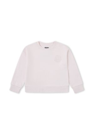 Sudadera de cuello redondo de color rosa claro con mangas largas y puños acanalados, con un pequeño logo en relieve en el pecho izquierdo.