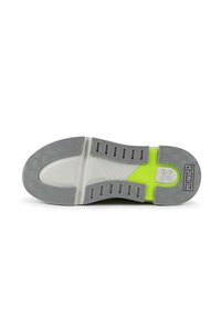 Shoe sole featuring a textured grip with a gray pattern, contrasting white center, and a bright green accent in the heel area.