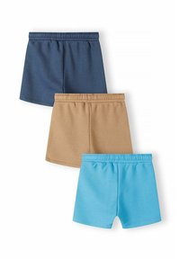 Set di tre paia di pantaloni corti in blu scuro, beige e blu chiaro. Realizzati in un tessuto morbido con una cintura elastica e un design semplice.