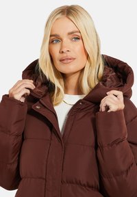 Veste matelassée marron avec une capuche, dotée d'une fermeture éclair, d'un design matelassé et d'une texture lisse et brillante. Les accents incluent des boutons-pression.