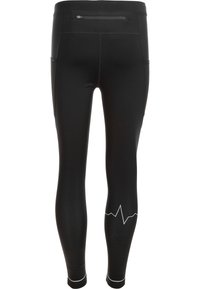 Sorte atletiske leggings med et tætsiddende design, der har en lille baglomme med lynlås, netpaneler i siden og et hvidt hjerterytmemønster nær anklen.