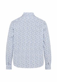 Camicia button-up blu chiaro con motivo floreale; presenta maniche lunghe, colletto e polsini con bottoni. Texture in cotone morbido.