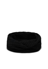 Diadema negra de punto con un diseño retorcido, que presenta un patrón texturizado y un tejido suave para mayor comodidad. Tiene una apariencia circular y sin costuras.