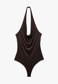 Bodysuit marrón con cuello halter, con un frente drapeado y cortes de piernas altos, hecho de una tela suave y elástica.