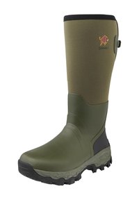 Olive green waterproof boot with a textured finish, black trim, and a rugged sole featuring triangular patterns. Adjustable strap detail included.