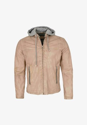 Beige Kapuzenjacke mit einem weichen grauen Innenfutter, zwei Reißverschlusstaschen an den Seiten, einem figurbetonten Schnitt und sanften Verblassungen im Stoff.
