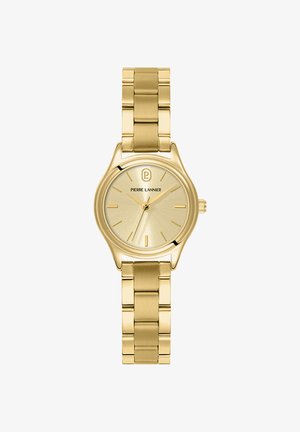 Goldfarbene Metall-Armbanduhr mit Gliederarmband, rundem Zifferblatt, minimalistischen Markierungen und „Pierre Lannier“-Schriftzug unterhalb von 12 Uhr.