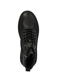 Stivaletto nero in pelle con lacci e cerniere laterali, punta tonda, superficie texturizzata e colletto imbottito per un maggiore comfort.