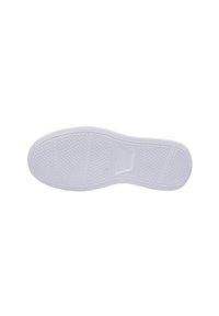 Suela de zapato de goma blanca con un patrón texturizado y una sección central lisa. Presenta bordes elevados y puntos de agarre para tracción.