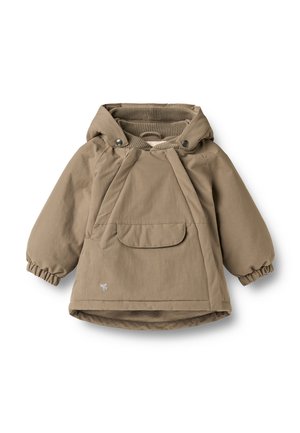 Veste à capuche pour tout-petit marron clair avec poignets élastiques, poche avant à rabat et doublure intérieure côtelée au niveau du col.