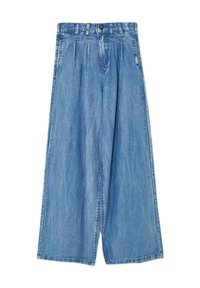 Pantaloni in denim azzurro chiaro con un design a gamba larga, dotati di pieghe frontali, chiusura con bottone e vita standard.