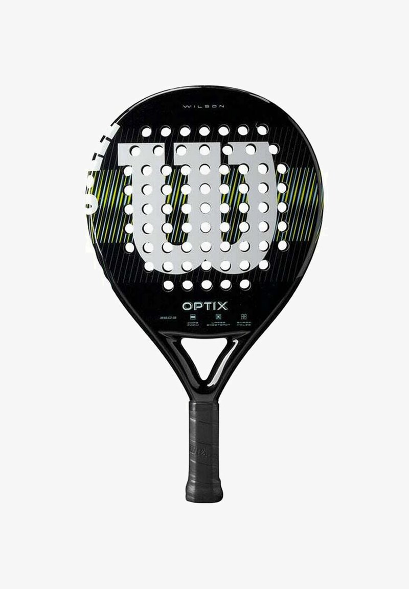 Paddle Wilson OPTIX avec une tête ronde noire, un logo argenté, des perforations et une poignée texturée noire. Présente un design de cou triangulaire.