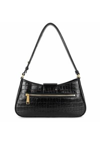 Borsa a tracolla in pelle nera con texture coccodrillo, silhouette curvata, tasca frontale con zip e tracolla sottile con dettagli in oro.
