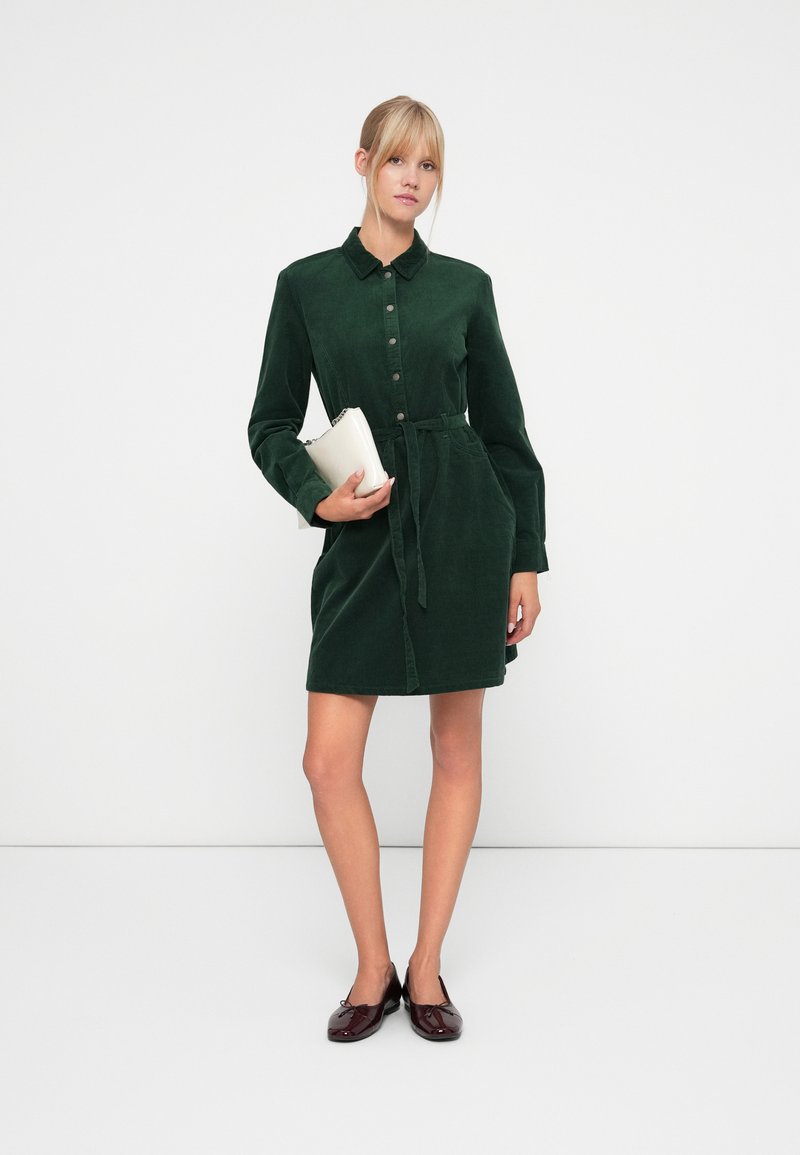dark green corduroy shirt dress Green Corduroy Button Down Collared Maternity Dress main image 1