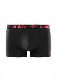 Boxer noir à texture lisse, doté d'une large ceinture élastique imprimée "umbro" en rouge, avec un petit logo rouge sur le côté inférieur.