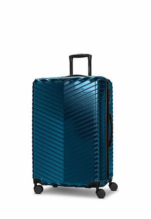 Großer Hartschalenkoffer mit diagonalen Rillen, dunkel-türkisfarben, vier Spinner-Rollen und einem ausziehbaren schwarzen Griff.