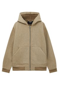 Veste à capuche beige zippée avec poches avant, poignets et ourlet côtelés, fabriquée en tissu doux et épais.