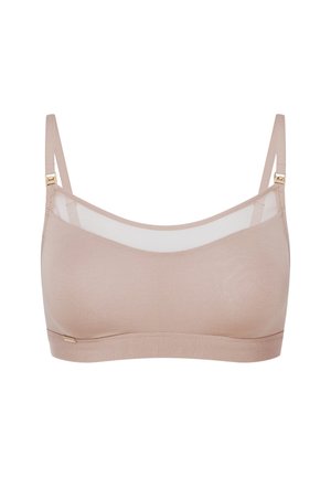 BH in Nude-Ton mit glatter Stoffoberfläche, versehen mit transparentem Mesh-Detail entlang der oberen Kanten und verstellbaren Trägern mit goldenen Hardware-Akzenten.