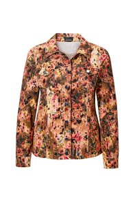 Jakt met bloemmotief in tinten bruin, roze en zwart. Heeft een klassiek kraag, voorzakken en metalen knopen. Gestructureerde stof.