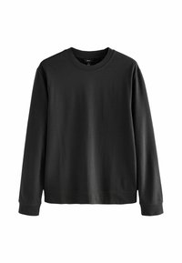 Hanorac negru dintr-un material moale, cu guler rotund, mâneci lungi și o croială lejeră, având mansete și tiv din material ribbed.