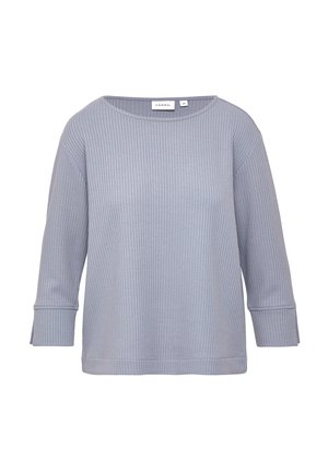 Gray, long-sleeve top made of textured fabric with a ribbed design. Relaxed fit with a wide neckline and rolled cuffs. Label visible at the neck.